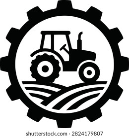 Black vector icon of a farm tractor inside a gear wheel with crop field lines, symbolizing agricultural machinery and farming technology.