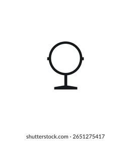 Ícone de vetor preto apresenta um desenho simples e moderno de um espelho redondo suportado por um suporte, definido contra um fundo branco e nítido. Ideal para vários projetos de design.