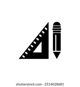 Black vector icon featuring a ruler and pencil, symbolizing design and drafting.
