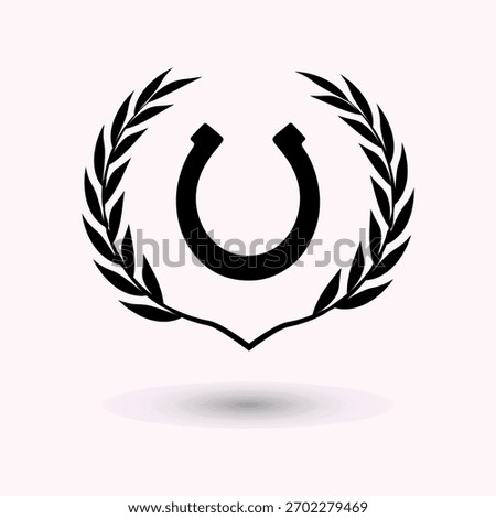 Black vector icon featuring a stylized horseshoe framed by a laurel wreath with a subtle drop shadow Symbolizes luck success victory equestrian sports and classic achievement Vector illustration