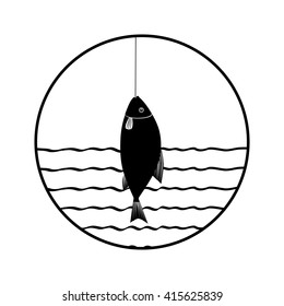 black vector icon - fish caught on the hook on the background of river and sky. illustration