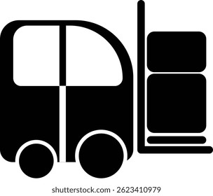 Black vector icon of forklift with tech monitor used in modern industrial and smart factory systems.