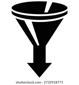 A black vector icon of a funnel with an arrow pointing downwards, representing a process of filtering, sorting, or lead generation.