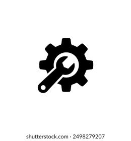 Black vector icon of a gear and wrench, symbolizing settings or repair.