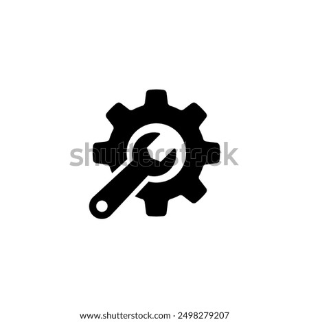 Black vector icon of a gear and wrench, symbolizing settings or repair.