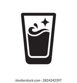 A black vector icon of a glass filled with water with a splash and a sparkle, suitable for web design, app interface, and drink branding projects.