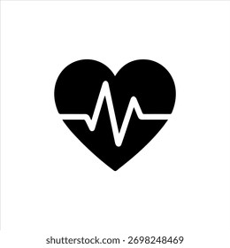 Black vector icon of a heart with an electrocardiogram pulse line, symbolizing health monitoring, cardiology, and life care.