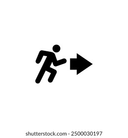 Black vector icon illustrating emergency exit with running figure and directional arrow.