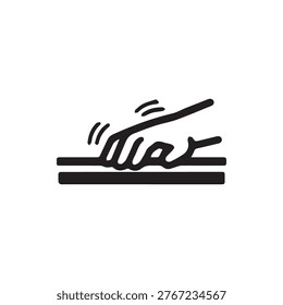A black vector icon illustrating a hand in a scrubbing motion over a flat surface. Represents cleaning friction texture or manual work.