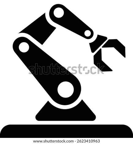 Black vector icon of an industrial robotic arm for automation and assembly processes.
