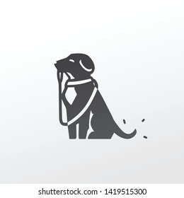black vector icon logo dog puppy sit sitting and holding the leash in its mouth. wearing canine collar. waiting to go for a walk