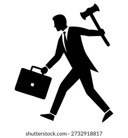 Um ícone vetorial preto de um homem de terno carregando uma pasta e um machado, simbolizando trabalho, esforço ou rompendo desafios.