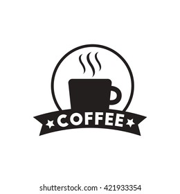 black vector icon on white background emblem of hot coffee