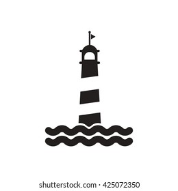 black vector icon on white background lighthouse and sea