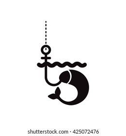 black vector icon on white background fish on hook