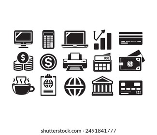 black vector icon pack with finances, office equipment, bank