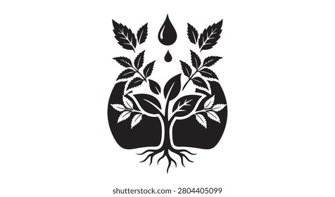 black vector icon plant leaves and water drops symbol