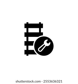 Black vector icon of a rail track and wrench, symbolizing railway maintenance.