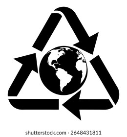 Black Vector Icon of Recycling Triangle with Arrows Forming an Earth – Minimal Symbol on White Background