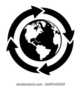 Schwarzes Vektorsymbol des Recycling-Dreiecks mit Pfeilen, die eine Erde bilden - Minimales Symbol auf weißem Hintergrund