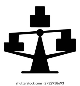 Um ícone de vetor preto que representa uma escala de balanço com blocos empilhados, simbolizando equilíbrio, tomada de decisão ou opções de pesagem.