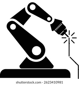 Black vector icon of robotic welding used in modern industrial and smart factory systems.