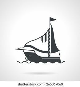 Black vector icon for sailing boat with two sails and anchor on waves for sea leisure on white background.