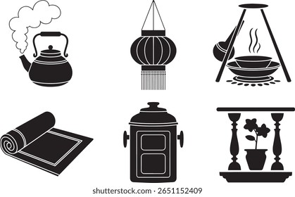 Black vector icon set featuring traditional Asian objects like tea kettle paper lantern stove mat pot and a decorated balcony for cultural themes design and home visuals