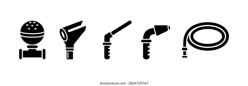 Black vector icon set of lawn and garden watering tools including hose, spray nozzles, and sprinklers isolated on a clean white background.