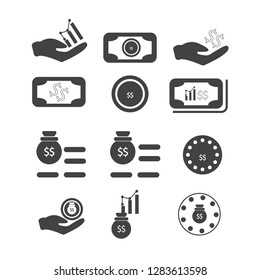 Black Vector Icon Set - purse vector, dollar, coins, column of, catch a coin, money, dollars. 