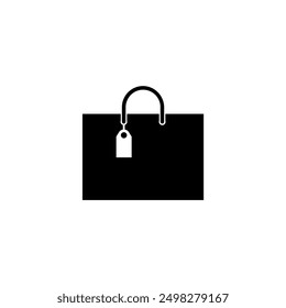 Black vector icon of a shopping bag with a price tag.