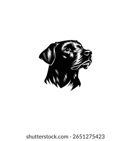 Ícone de vetor preto apresentando a cabeça de um labrador retriever em perfil, apresentando detalhes finos e uma aparência texturizada em um fundo branco limpo, claro e específico.