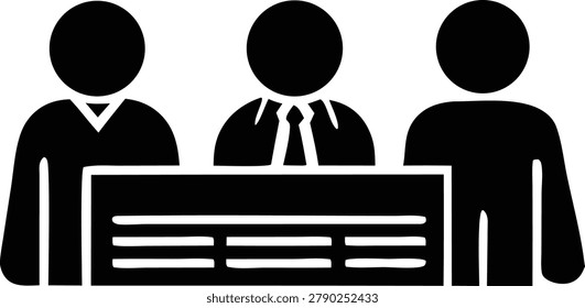 Black vector icon showing three people sitting at table with document representing professional meeting corporate team members office communication and business collaboration.