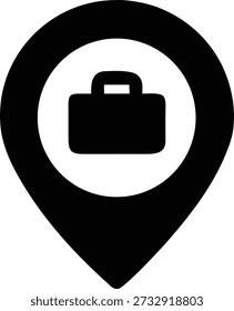 Ein schwarzes Vektorsymbol zeigt eine Positionsmarkierung an, die eine Aktenmappe enthält, die den Geschäftsstandort, die Jobsuche oder die Unternehmensadresse darstellt.