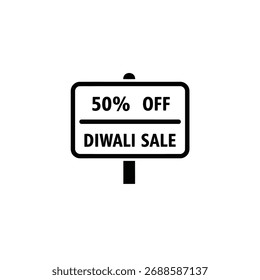 Icono de Vector negro de un letrero con 50% de descuento y texto de VENTA DIWALI.