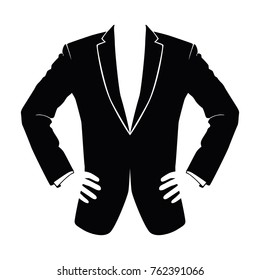 Black vector icon or silhouette of man in suit standing in confident pose isolated on white background