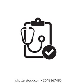 Ícone preto vetorial de um estetoscópio na área de transferência com marca de seleção, simbolizando o check-up de saúde, diagnóstico ou relatório médico, ideal para projeto de saúde ou hospital.