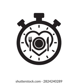 Black vector icon of a stopwatch with a heart shaped plate and cutlery for representing intermittent fasting, meal planning, or diet timing.