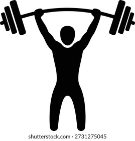 Black vector icon of a strong man performing a clean and jerk or overhead press with a heavy barbell. This simple graphic represents fitness, strength training, and workout achievement.