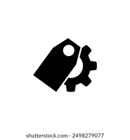 Black vector icon of a tag with a gear symbol, representing a concept of price or sale settings in commerce.