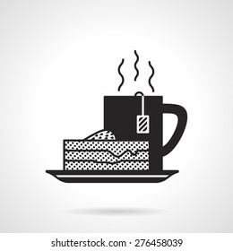 Black vector icon for tea mug and pie piece on white background. 