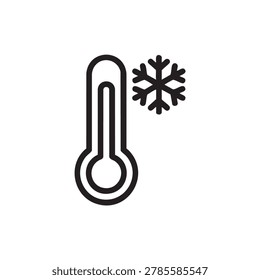 Black vector icon of a thermometer with a snowflake, symbolizing cold temperature or winter weather, ideal for design projects