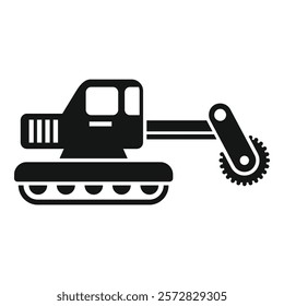 Black vector icon of a tracked excavator with a saw attachment for construction and forestry use