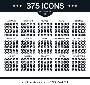 Black vector icons animals, pets, winter,medical,market, psychology, science and more.