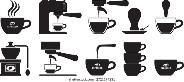 Iconos negros del vector del proceso de hacer café y tazas de la máquina de café expreso
