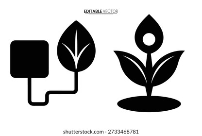 Iconos negros del vector que representan un enchufe, una hoja que brota y una planta en flor de alta calidad