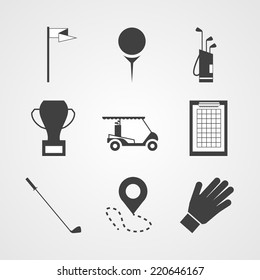 Black vector icons for golf. Set of black silhouette vector icons for golf on gray background.
