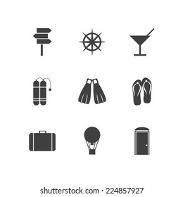 Black vector icons for leisure. Set of black silhouette vector icons with elements for summer sea resort on white background.