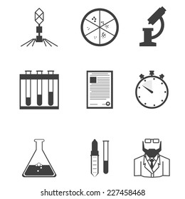 Black vector icons for microbiology. Set of black silhouette vector icons with elements for microbiology laboratory research on white background.