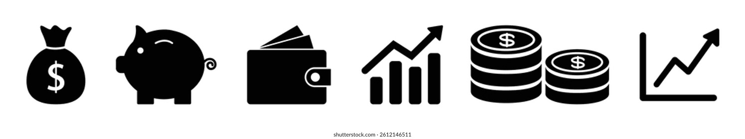  Black vector icons of money bag, wallet, piggy bank, coins, and growth chart. Perfect for finance, banking, saving, investment, and business themes in modern flat design. Icons, vector, symbols.